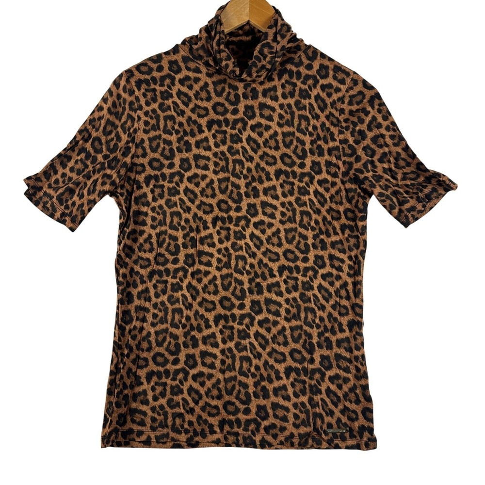Michael Kors Womens S Leopard Print Mock Neck Top Mob Wife Stretch Career Mature